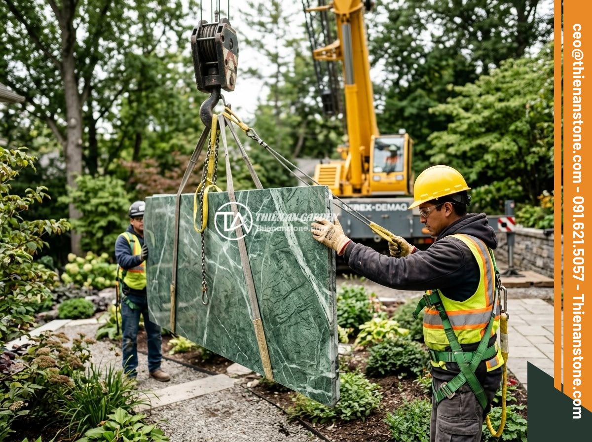 Quy Trình Thi Công Sập Đá Sân Vườn Từng Bước Chi Tiết An Toàn Thẩm Mỹ - Professional construction workers wearing safety helmets and protective gear ope