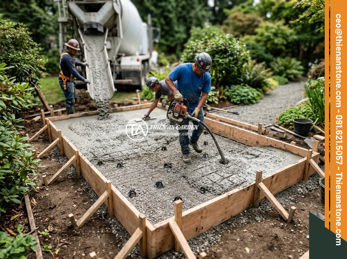 Quy Trình Thi Công Sập Đá Sân Vườn Từng Bước Chi Tiết An Toàn Thẩm Mỹ - Concrete foundation construction process for stone slab installation, showing re