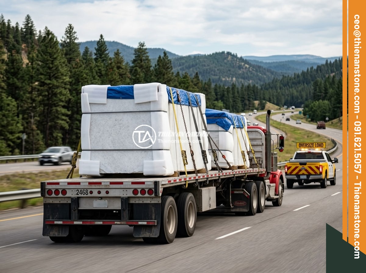 Quy Trình Thi Công Sập Đá Sân Vườn Từng Bước Chi Tiết An Toàn Thẩm Mỹ - Large flatbed truck carrying wrapped and secured massive natural stone slab tabl