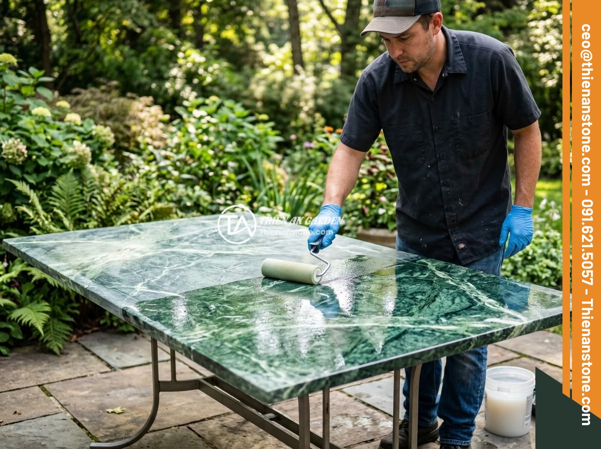 Quy Trình Thi Công Sập Đá Sân Vườn Từng Bước Chi Tiết An Toàn Thẩm Mỹ - Worker carefully applying protective sealant coating on a polished granite stone