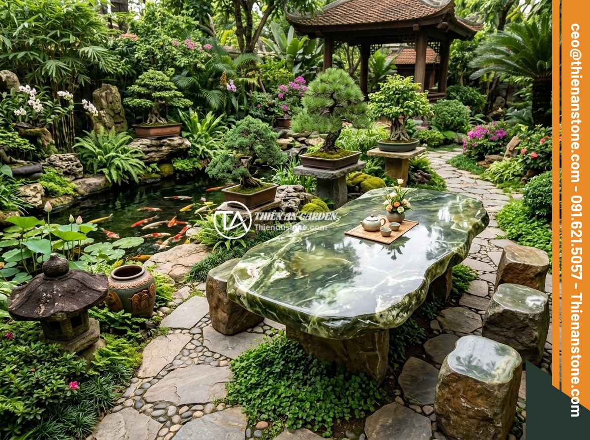 Quy Trình Thi Công Sập Đá Sân Vườn Từng Bước Chi Tiết An Toàn Thẩm Mỹ - Beautifully completed natural stone slab table set in a meticulously landscaped 