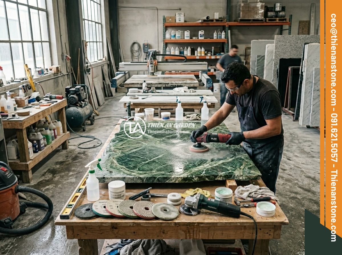 Sập Đá Bị Nứt Ố Vàng Phai Màu: Nguyên Nhân Và Cách Khắc Phục Nhanh Chóng Hiệu Quả - Hình 10 Sập Đá Bị Nứt Ố Vàng Phai Màu: Nguyên Nhân Và Cách Khắc Phục Nhanh Chóng Hiệu Quả - A professional stone restoration workshop with various natural stone slabs being