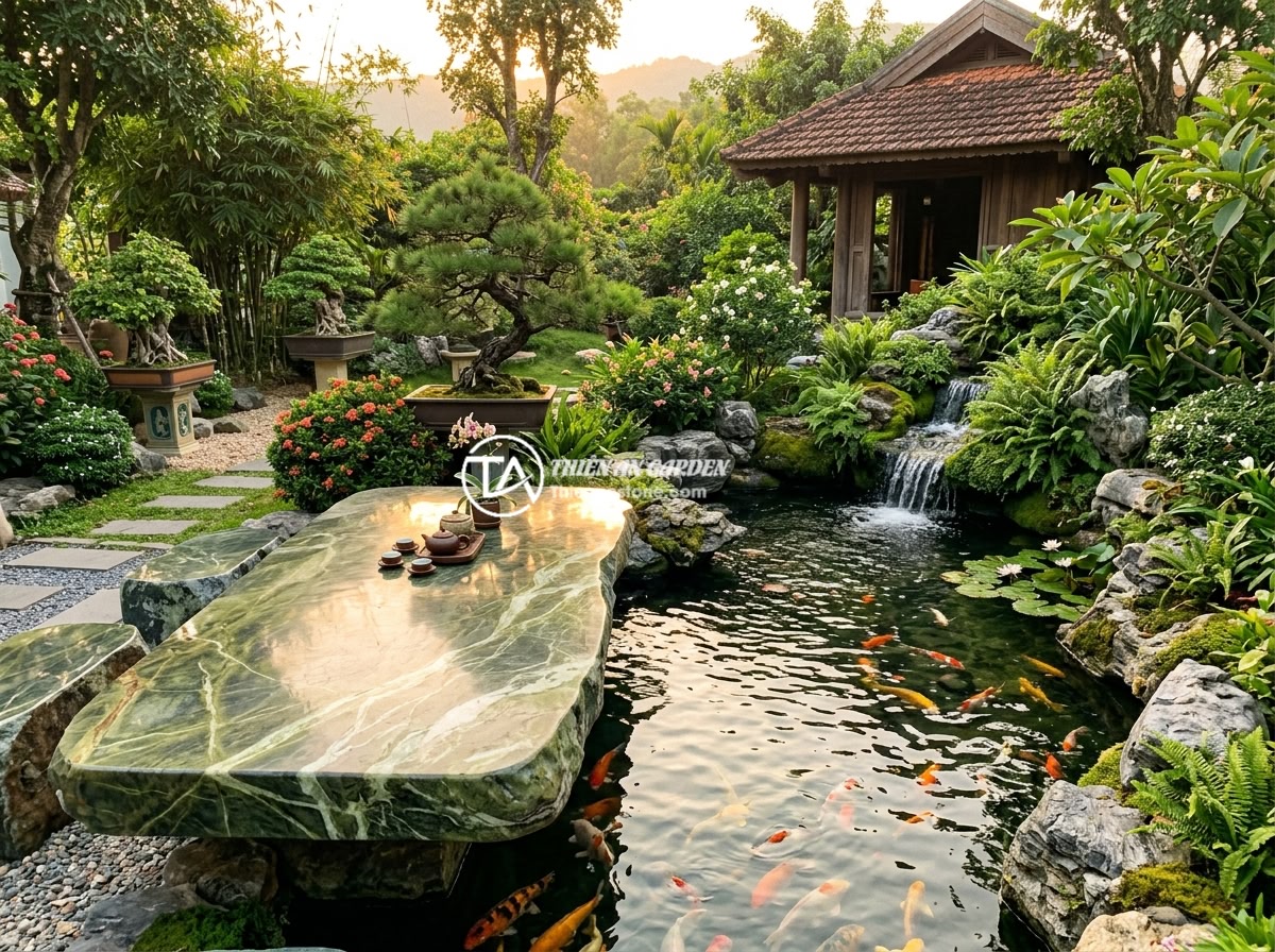 Sập Đá Cẩm Thạch Hay Sập Đá Thạch Anh? So Sánh Độ Bền Thẩm Mỹ Giá Thành 2026 - A stunning Vietnamese garden landscape design featuring a large natural quartzit