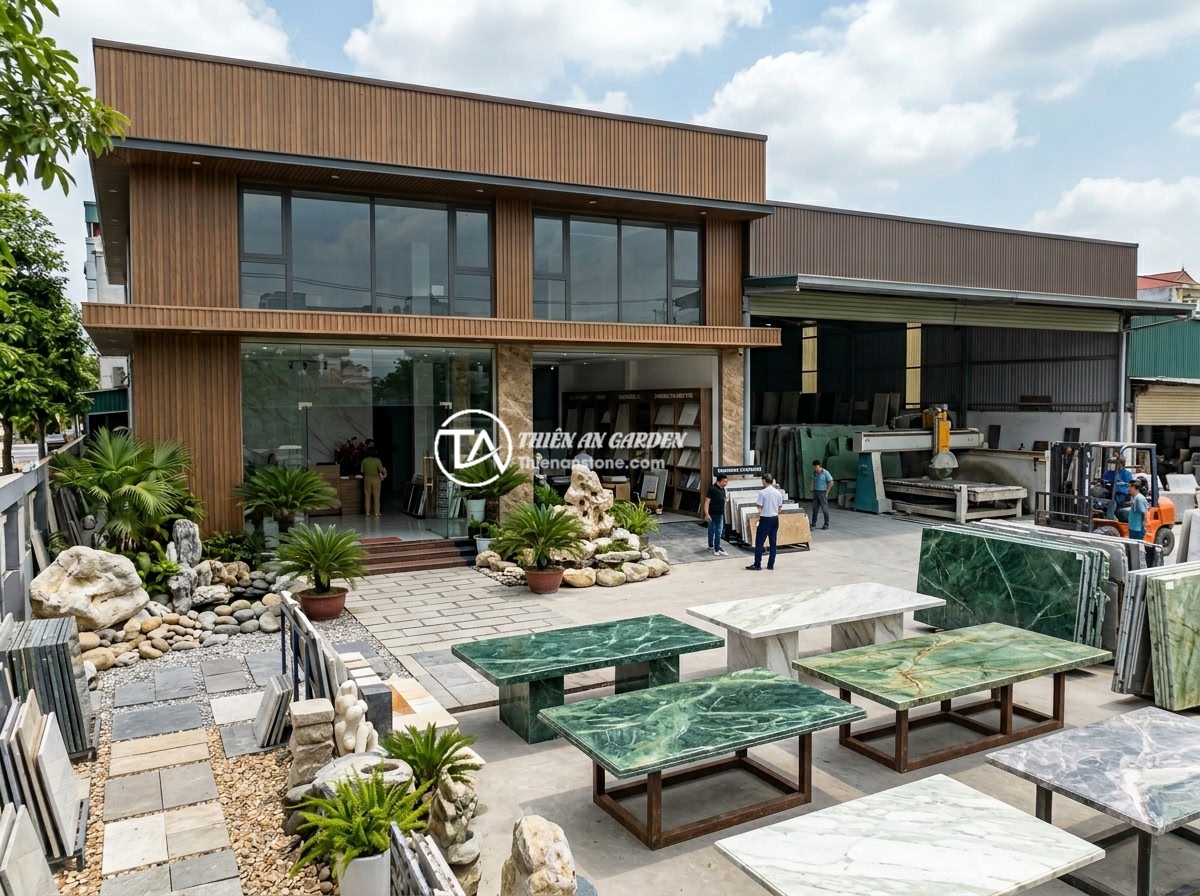 Sập Đá Cẩm Thạch Hay Sập Đá Thạch Anh? So Sánh Độ Bền Thẩm Mỹ Giá Thành 2026 - The exterior of a professional Vietnamese natural stone showroom and workshop, d