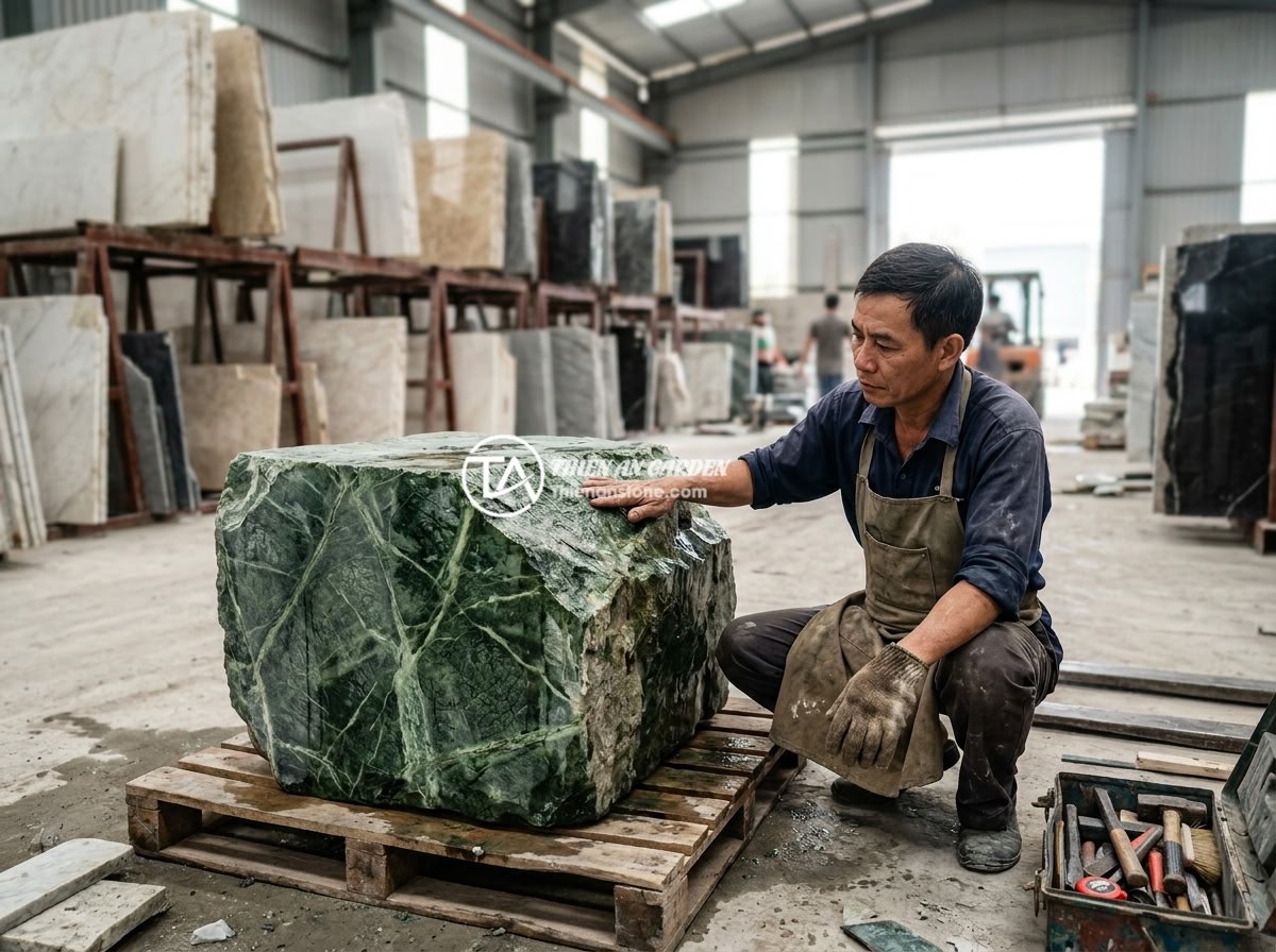 Sập Đá Cẩm Thạch Hay Sập Đá Thạch Anh? So Sánh Độ Bền Thẩm Mỹ Giá Thành 2026 - A Vietnamese stone craftsman carefully inspecting and selecting a large raw marb