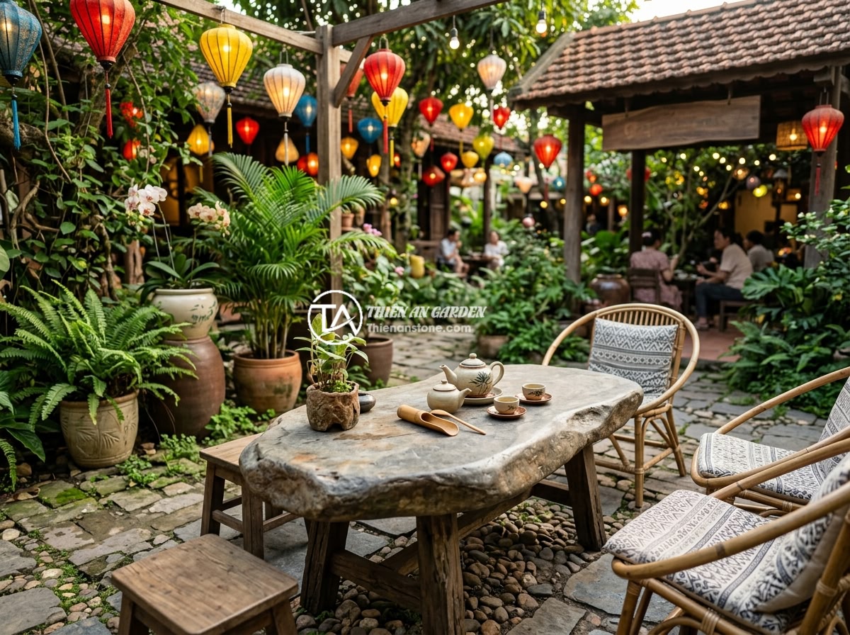 Sập Đá Cổ Có Phù Hợp Sân Vườn Hiện Đại Không? Phân Tích Ưu Nhược Điểm - A charming Vietnamese cafe garden with a traditional stone slab table used as an