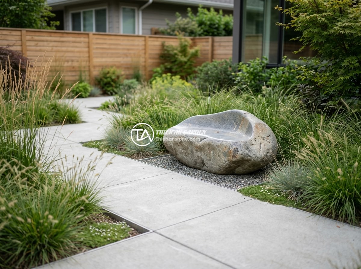 Sập Đá Cổ Có Phù Hợp Sân Vườn Hiện Đại Không? Phân Tích Ưu Nhược Điểm - A modern minimalist garden with clean concrete pathways, ornamental grasses, and