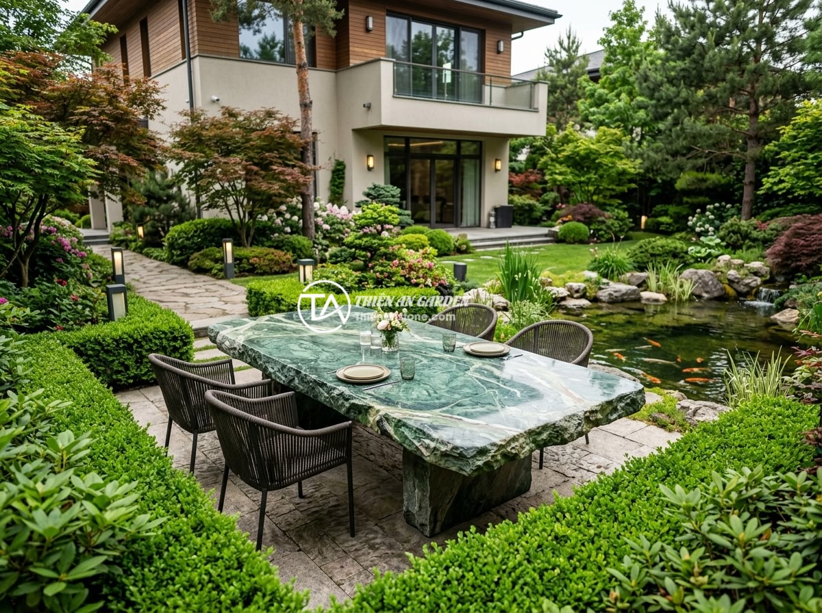Sập Đá Cổ Có Phù Hợp Sân Vườn Hiện Đại Không? Phân Tích Ưu Nhược Điểm - Luxurious modern villa garden featuring a large ornate ancient stone slab table 