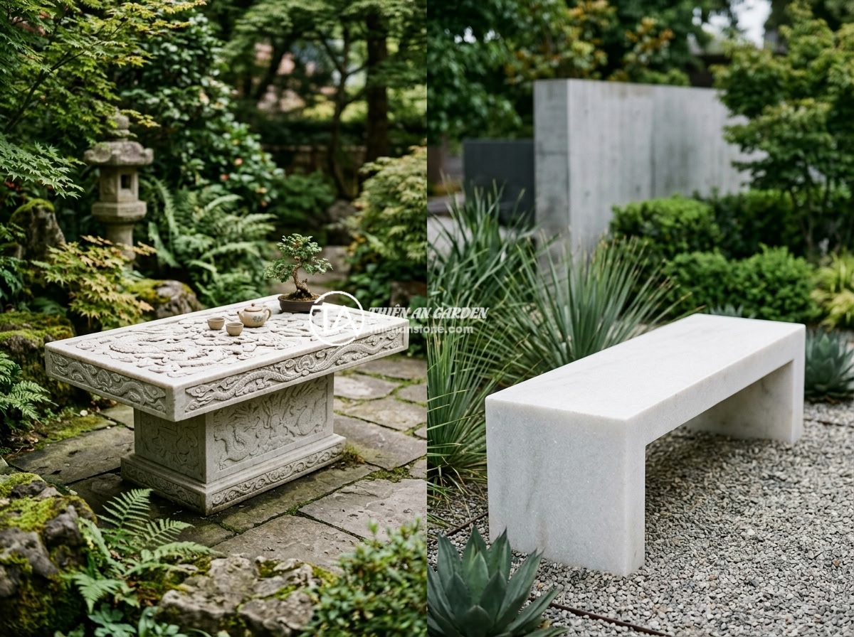 Sập Đá Cổ Có Phù Hợp Sân Vườn Hiện Đại Không? Phân Tích Ưu Nhược Điểm - Side by side comparison of a traditional carved stone slab table with dragon mot