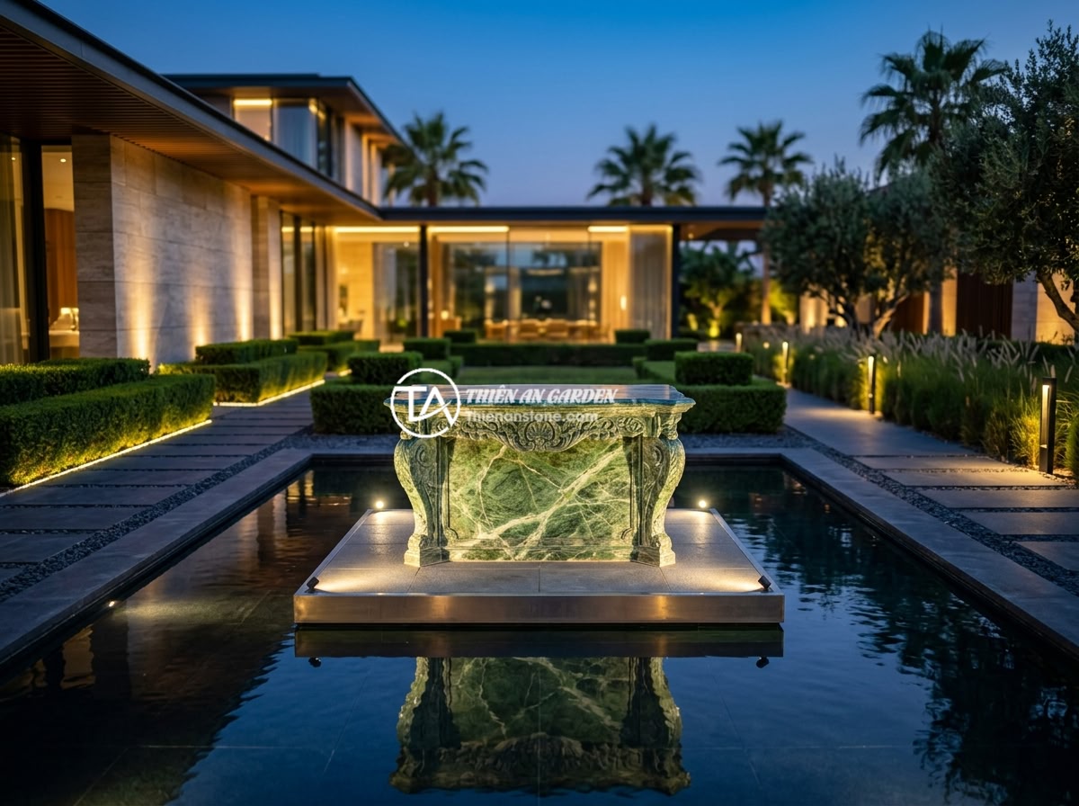 Sập Đá Cổ Có Phù Hợp Sân Vườn Hiện Đại Không? Phân Tích Ưu Nhược Điểm - Luxury modern villa garden at dusk with a carved ancient stone table displayed a