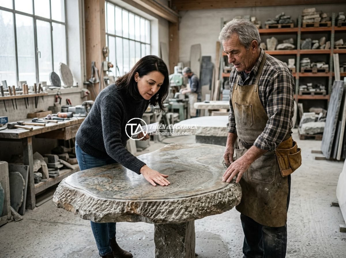 Sập Đá Đa Năng 2 Trong 1: Vừa Bàn Ngồi Vừa Trang Trí Tiểu Cảnh Thông Minh - A customer inspecting a high-quality natural stone slab table at a reputable sto