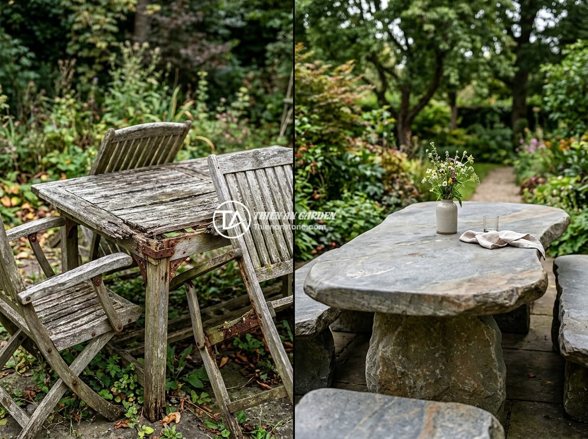 Sập Đá Đa Năng 2 Trong 1: Vừa Bàn Ngồi Vừa Trang Trí Tiểu Cảnh Thông Minh - A split image comparing a weathered wooden garden furniture set showing signs of