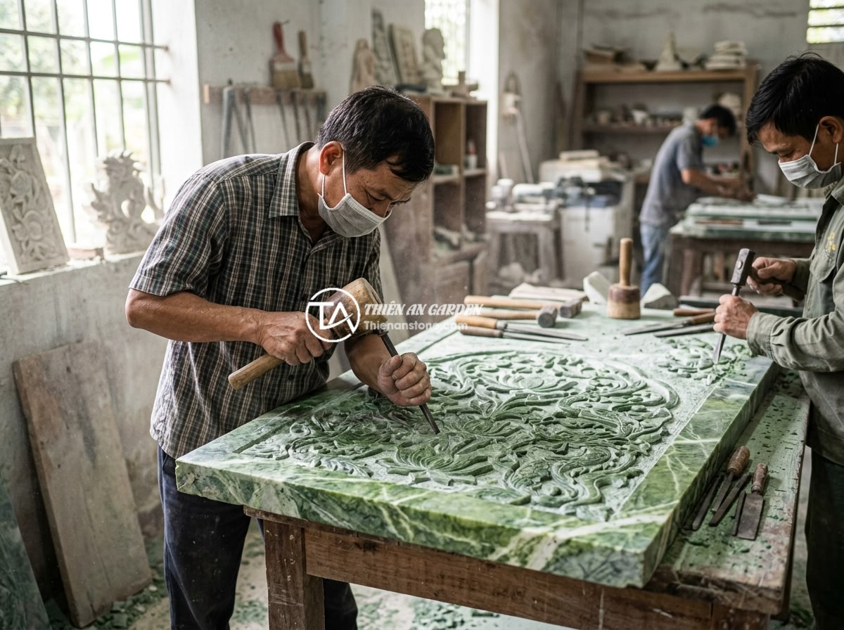 Sập Đá Đa Năng 2 Trong 1: Vừa Bàn Ngồi Vừa Trang Trí Tiểu Cảnh Thông Minh - Artisans hand-carving intricate traditional Vietnamese patterns on a large natur
