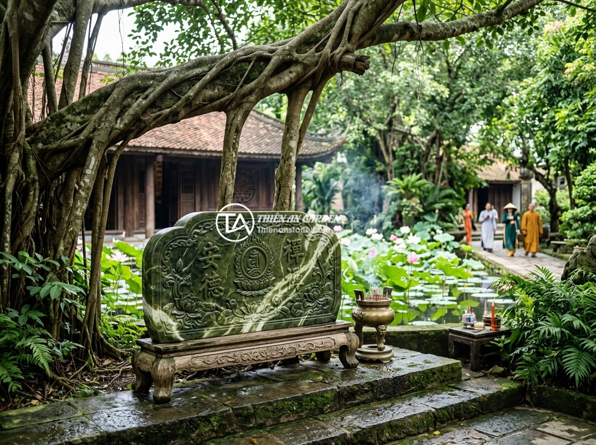 Sập Đá Đa Năng 2 Trong 1: Vừa Bàn Ngồi Vừa Trang Trí Tiểu Cảnh Thông Minh - A serene temple garden in Vietnam with an ornately carved stone slab placed unde