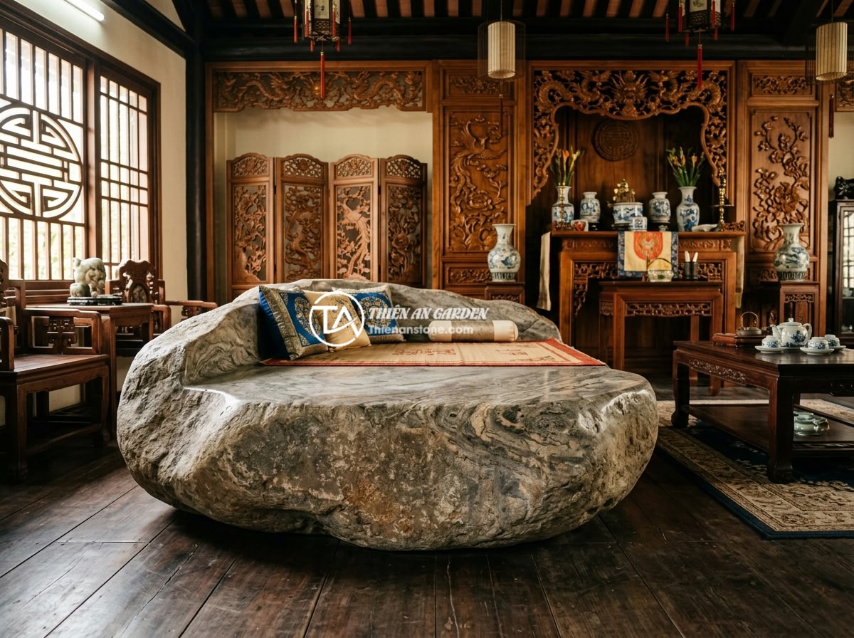 Sập Đá Nguyên Khối Hay Sập Đá Ghép? So Sánh Ưu Nhược Điểm Và Nên Chọn Loại Nào - A luxurious natural stone daybed (sap da) placed in a traditional Vietnamese liv