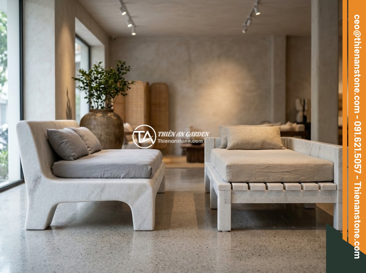 Sập Đá Nguyên Khối Hay Sập Đá Ghép? So Sánh Ưu Nhược Điểm Và Nên Chọn Loại Nào - Hình 4 Sập Đá Nguyên Khối Hay Sập Đá Ghép? So Sánh Ưu Nhược Điểm Và Nên Chọn Loại Nào - Side-by-side comparison of a monolithic stone daybed and an assembled stone dayb
