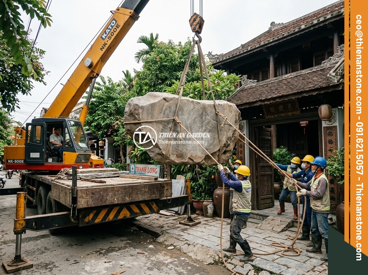 Sập Đá Nguyên Khối Hay Sập Đá Ghép? So Sánh Ưu Nhược Điểm Và Nên Chọn Loại Nào - Hình 5 Sập Đá Nguyên Khối Hay Sập Đá Ghép? So Sánh Ưu Nhược Điểm Và Nên Chọn Loại Nào - Heavy-duty crane lifting a massive monolithic stone slab from a truck into a Vie