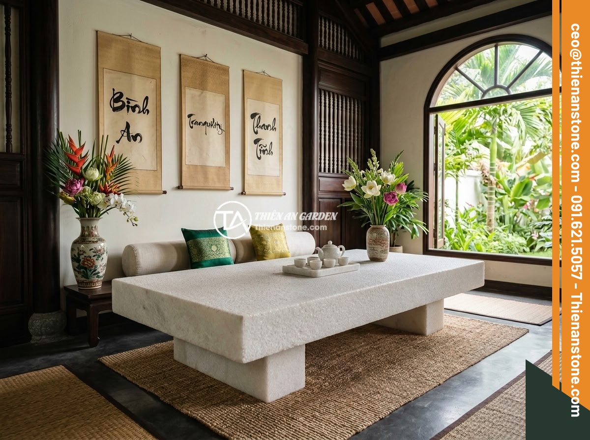 Sập Đá Nguyên Khối Hay Sập Đá Ghép? So Sánh Ưu Nhược Điểm Và Nên Chọn Loại Nào - Hình 8 Sập Đá Nguyên Khối Hay Sập Đá Ghép? So Sánh Ưu Nhược Điểm Và Nên Chọn Loại Nào - Elegant Vietnamese villa living room showcasing a beautiful monolithic stone day