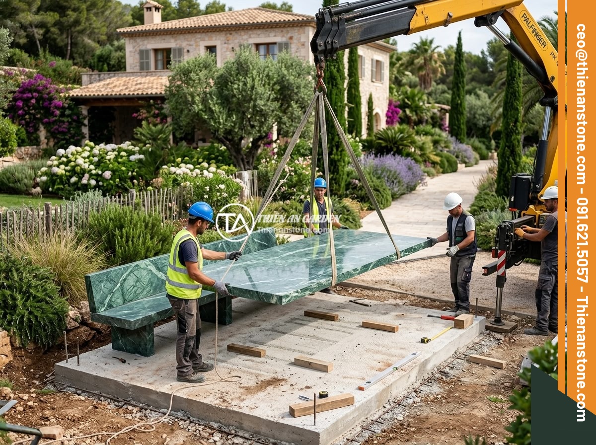 Sập Đá Phong Thủy Sân Vườn: Ý Nghĩa Vị Trí Đặt Hợp Lý Lợi Ích Cho Gia Đình - Hình 10 Sập Đá Phong Thủy Sân Vườn: Ý Nghĩa Vị Trí Đặt Hợp Lý Lợi Ích Cho Gia Đình - Professional workers using a crane to carefully install a large natural stone be