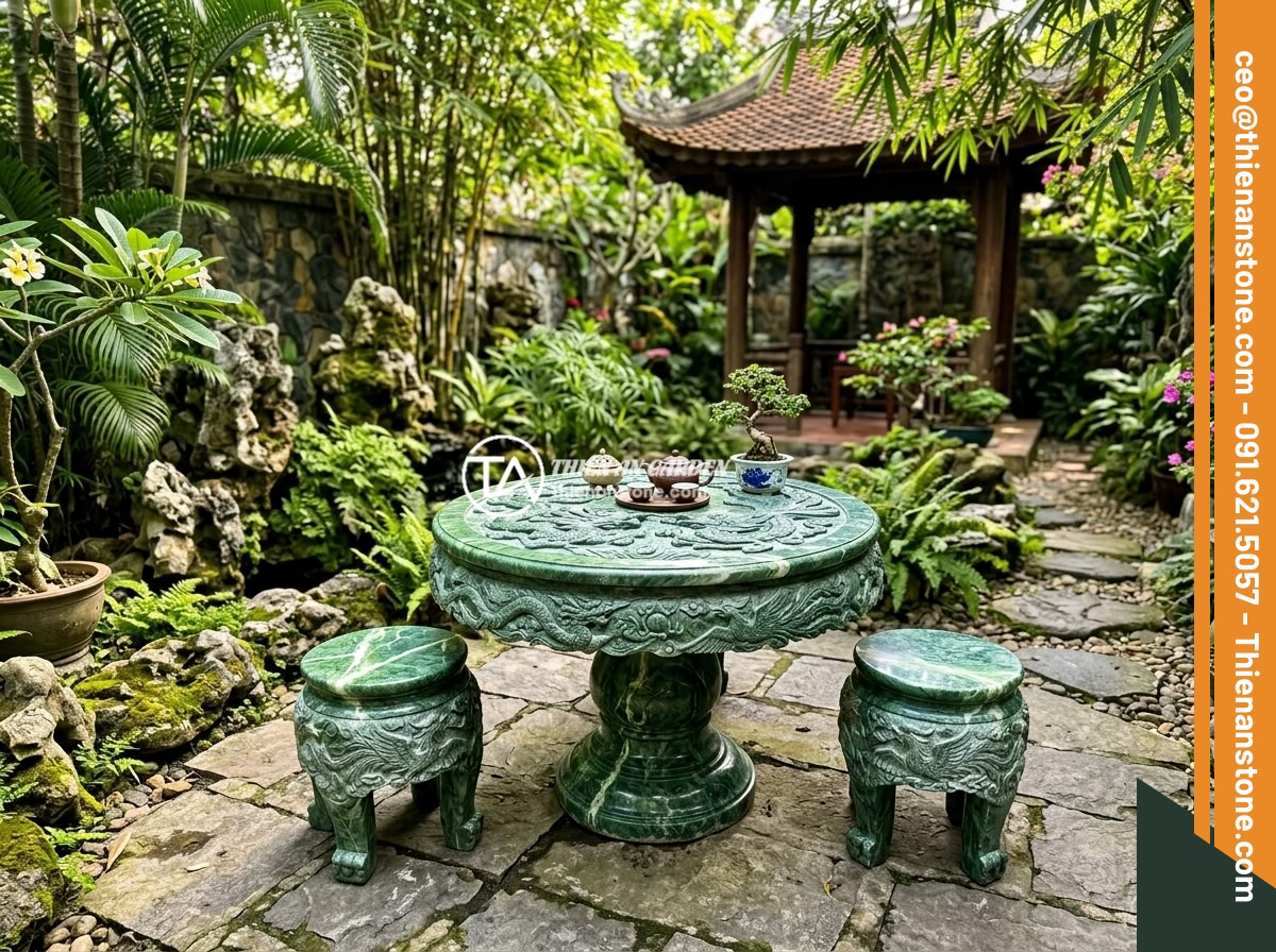 Sập Đá Phong Thủy Sân Vườn: Ý Nghĩa Vị Trí Đặt Hợp Lý Lợi Ích Cho Gia Đình - Hình 2 Sập Đá Phong Thủy Sân Vườn: Ý Nghĩa Vị Trí Đặt Hợp Lý Lợi Ích Cho Gia Đình - A feng shui stone table set with intricate dragon and phoenix carvings, placed i