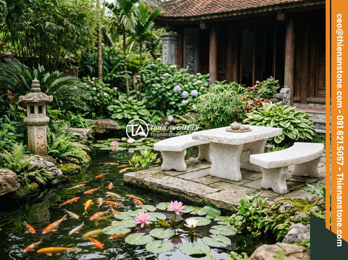 Sập Đá Phong Thủy Sân Vườn: Ý Nghĩa Vị Trí Đặt Hợp Lý Lợi Ích Cho Gia Đình - Hình 4 Sập Đá Phong Thủy Sân Vườn: Ý Nghĩa Vị Trí Đặt Hợp Lý Lợi Ích Cho Gia Đình - A premium stone bench table set placed beside a beautiful koi fish pond in a Vie