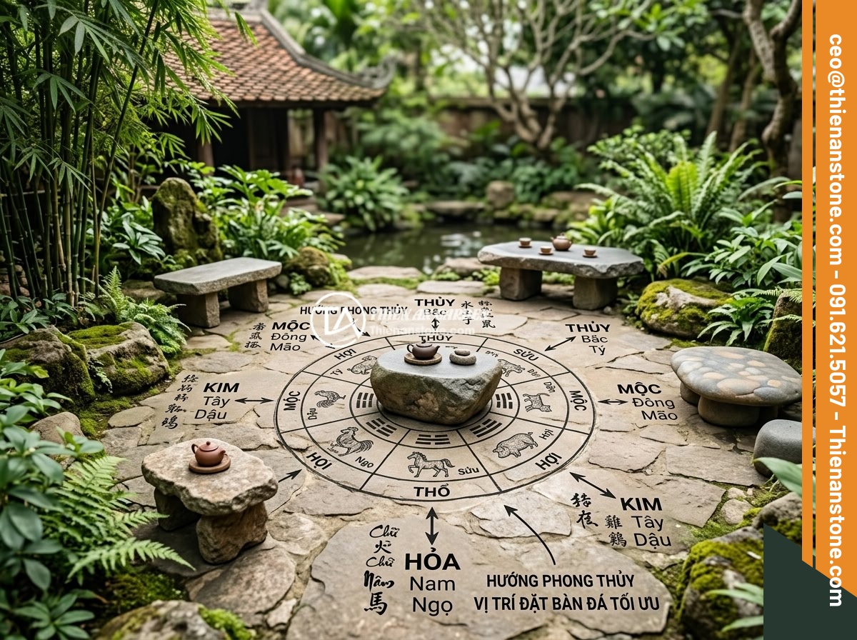 Sập Đá Phong Thủy Sân Vườn: Ý Nghĩa Vị Trí Đặt Hợp Lý Lợi Ích Cho Gia Đình - Hình 5 Sập Đá Phong Thủy Sân Vườn: Ý Nghĩa Vị Trí Đặt Hợp Lý Lợi Ích Cho Gia Đình - A diagram showing feng shui compass directions with optimal stone table placemen
