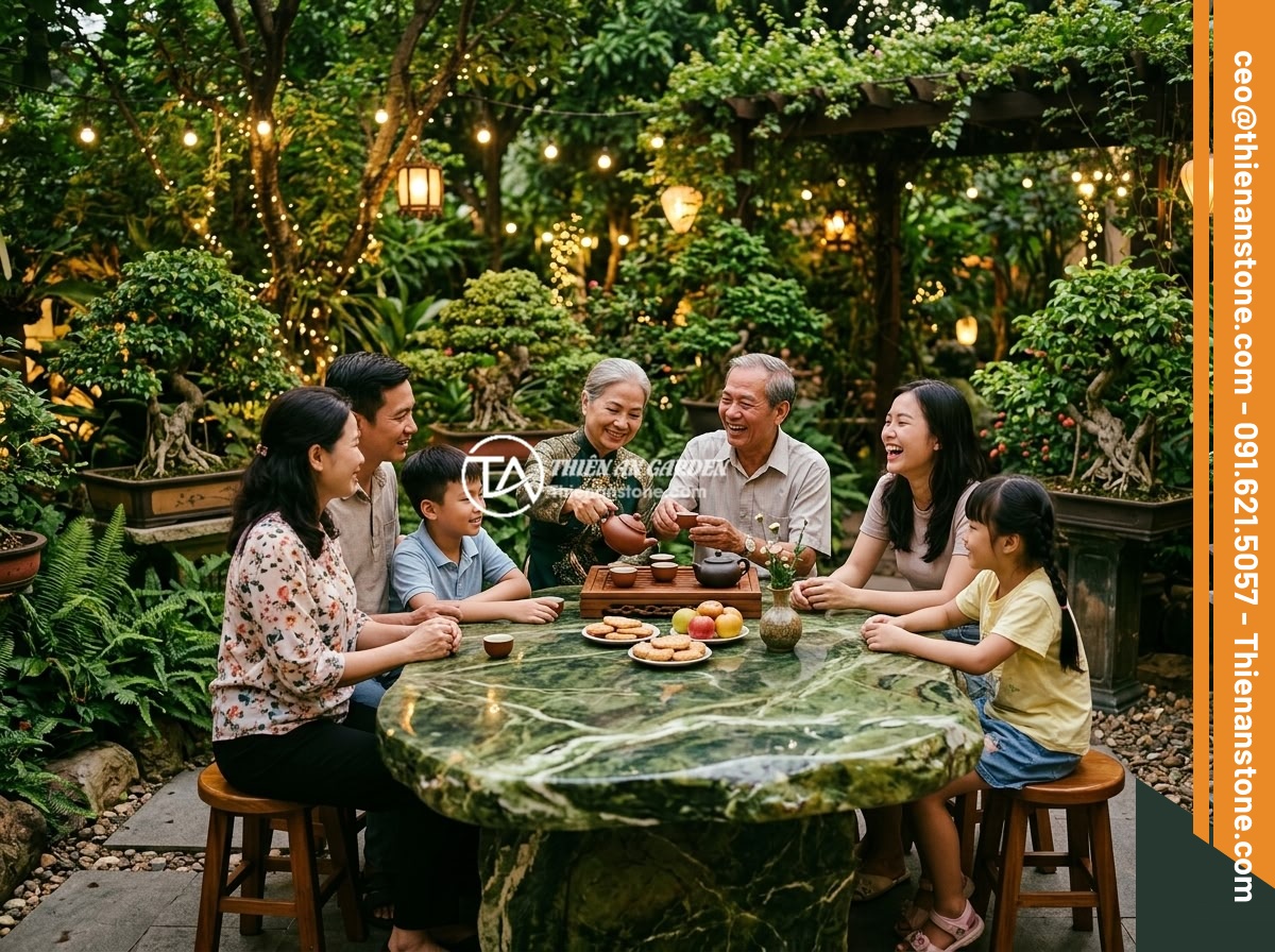 Sập Đá Phong Thủy Sân Vườn: Ý Nghĩa Vị Trí Đặt Hợp Lý Lợi Ích Cho Gia Đình - Hình 7 Sập Đá Phong Thủy Sân Vườn: Ý Nghĩa Vị Trí Đặt Hợp Lý Lợi Ích Cho Gia Đình - A Vietnamese family gathering around a beautiful natural stone table in their ga