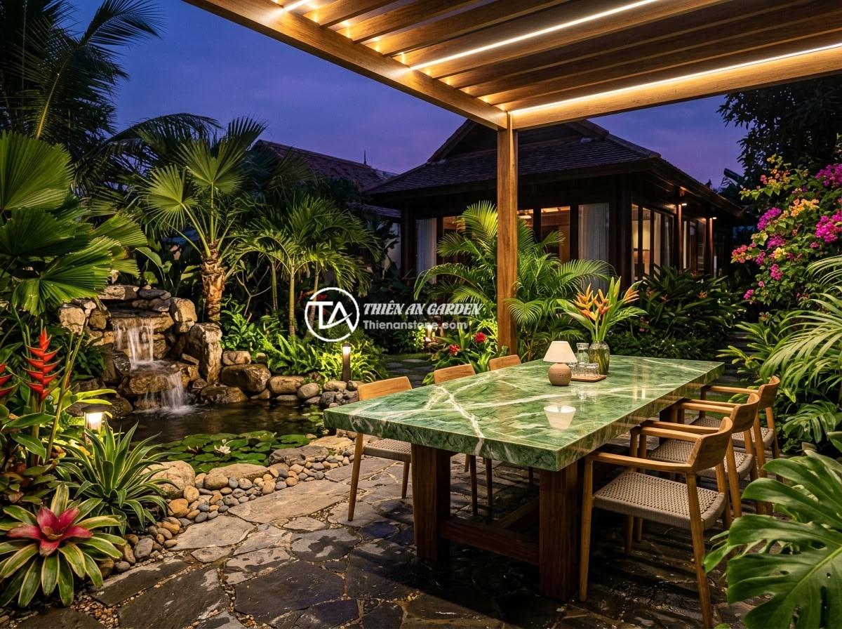 Sập Đá Yên Bái Đá Xanh Tự Nhiên: Đặc Trưng Và Ứng Dụng Cao Cấp Cho Sân Vườn - A stunning tropical contemporary Vietnamese villa garden featuring a large polis