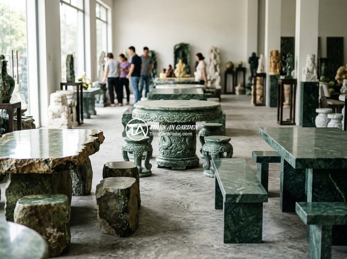 Sập Đá Yên Bái Đá Xanh Tự Nhiên: Đặc Trưng Và Ứng Dụng Cao Cấp Cho Sân Vườn - A collection of different styles of Yen Bai blue stone garden furniture sets dis