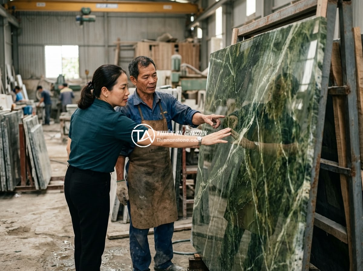 Sập Đá Yên Bái Đá Xanh Tự Nhiên: Đặc Trưng Và Ứng Dụng Cao Cấp Cho Sân Vườn - A customer inspecting a large natural Yen Bai blue stone slab at a stone worksho