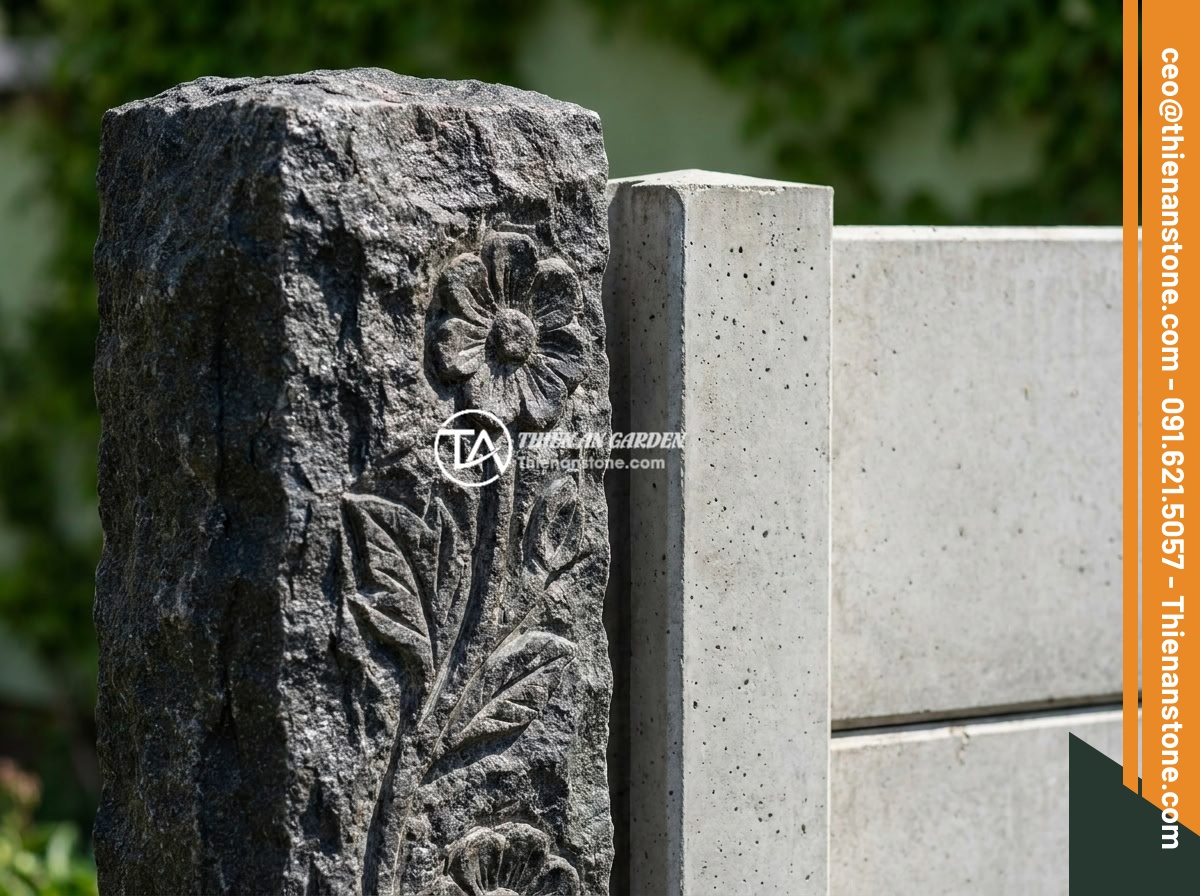 So Sánh Giá Trụ Đá Vs Trụ Bê Tông Hàng Rào: Lựa Chọn Nào Kinh Tế Hơn? - Close-up comparison of a natural stone fence pillar with intricate carvings next