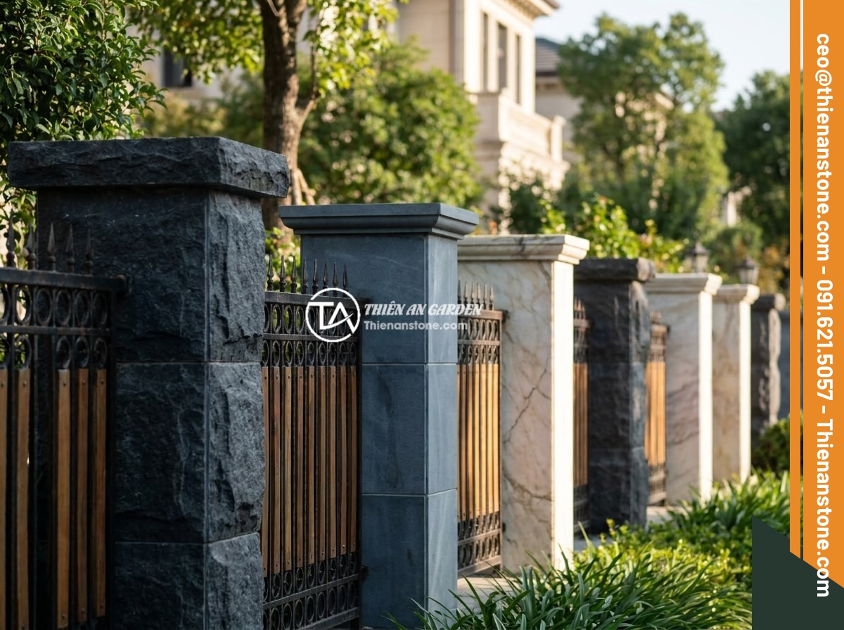 So Sánh Giá Trụ Đá Vs Trụ Bê Tông Hàng Rào: Lựa Chọn Nào Kinh Tế Hơn? - Hình 2 So Sánh Giá Trụ Đá Vs Trụ Bê Tông Hàng Rào: Lựa Chọn Nào Kinh Tế Hơn? - A row of natural stone fence pillars made from different types of stone includin