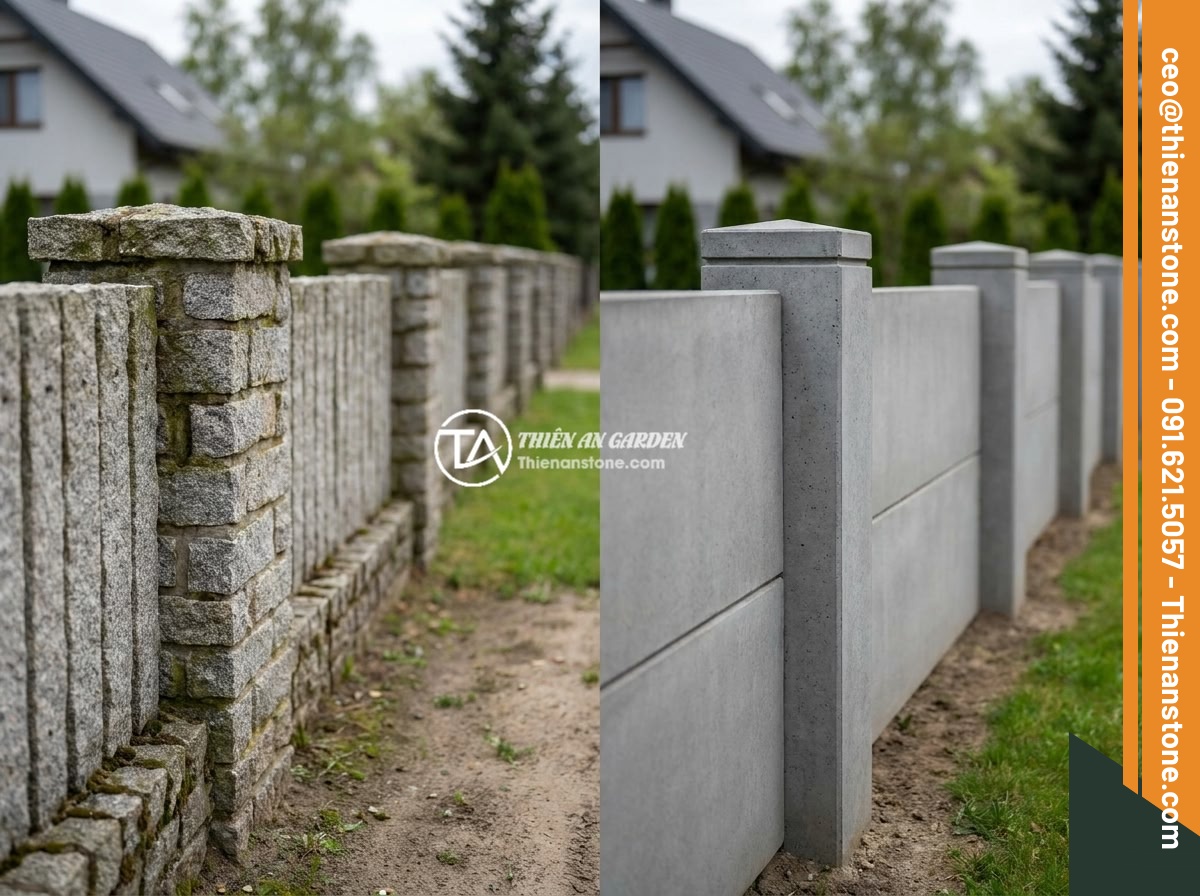 So Sánh Giá Trụ Đá Vs Trụ Bê Tông Hàng Rào: Lựa Chọn Nào Kinh Tế Hơn? - Hình 4 So Sánh Giá Trụ Đá Vs Trụ Bê Tông Hàng Rào: Lựa Chọn Nào Kinh Tế Hơn? - Side-by-side installation comparison showing a natural stone pillar fence and a