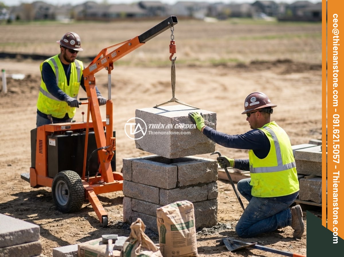 So Sánh Giá Trụ Đá Vs Trụ Bê Tông Hàng Rào: Lựa Chọn Nào Kinh Tế Hơn? - Hình 9 So Sánh Giá Trụ Đá Vs Trụ Bê Tông Hàng Rào: Lựa Chọn Nào Kinh Tế Hơn? - Construction workers installing natural stone fence pillars using a small crane,