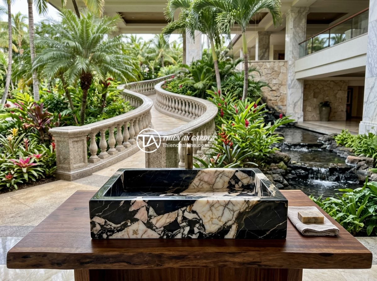 So Sánh Lục Bình Đá Cẩm Thạch Và Hoa Cương: Loại Nào Phù Hợp Lan Can Sân Vườn Hơn? - Stunning resort entrance with grand stone balustrade leading to tropical garden,