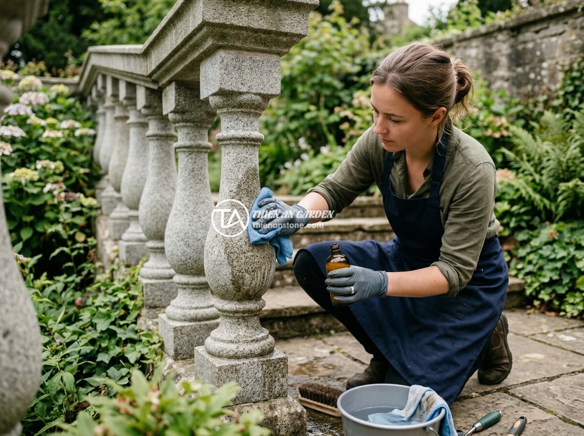 So Sánh Lục Bình Đá Cẩm Thạch Và Hoa Cương: Loại Nào Phù Hợp Lan Can Sân Vườn Hơn? - Person carefully cleaning and maintaining a white marble stone baluster with spe