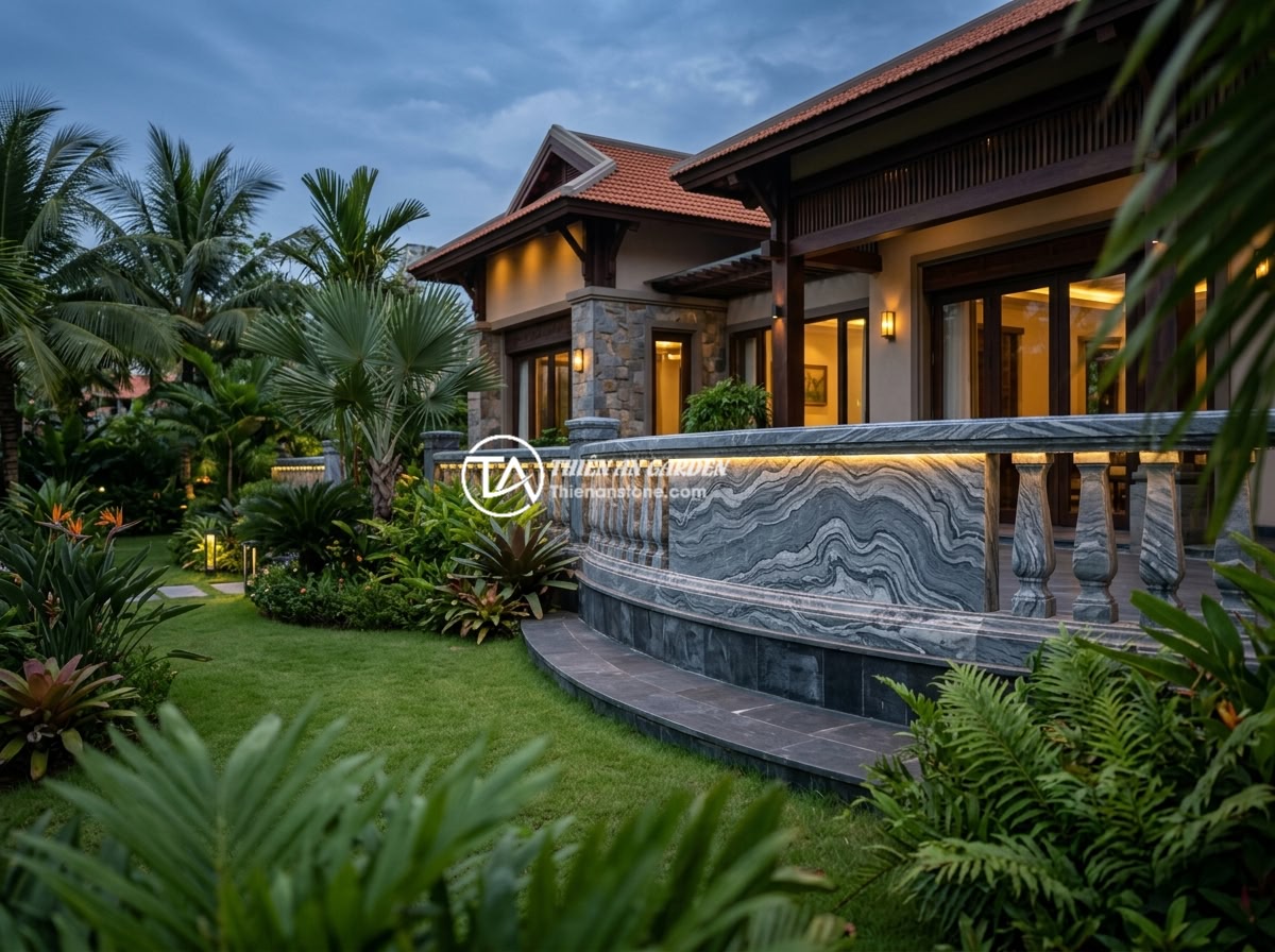So Sánh Lục Bình Đá Cẩm Thạch Và Hoa Cương: Loại Nào Phù Hợp Lan Can Sân Vườn Hơn? - Luxurious Vietnamese villa exterior showcasing elegant stone balustrade system a