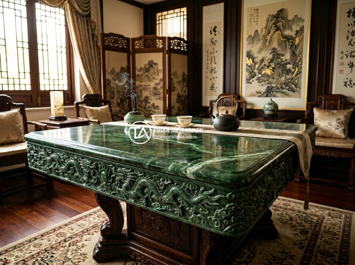 So Sánh Sập Đá Cẩm Thạch Thạch Anh Ngọc: Đặc Điểm Giá Thành Và Lời Khuyên Chọn Mua - An exquisite natural jade stone slab table with deep green translucent surface, 