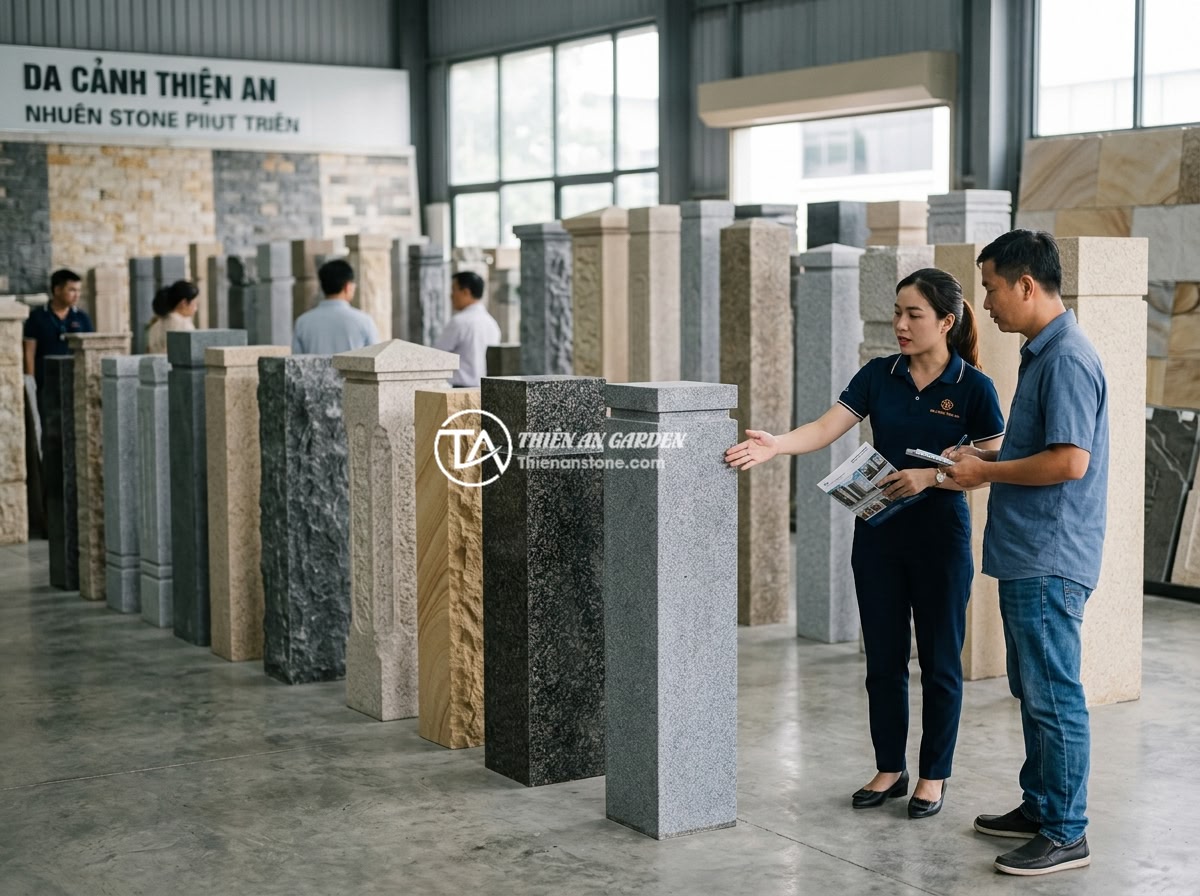 So Sánh Trụ Đá Hàng Rào Với Trụ Bê Tông Đúc Sẵn: Nên Chọn Loại Nào? - Hình 13 So Sánh Trụ Đá Hàng Rào Với Trụ Bê Tông Đúc Sẵn: Nên Chọn Loại Nào? - Showroom display of Da Canh Thien An featuring various natural stone fence pilla