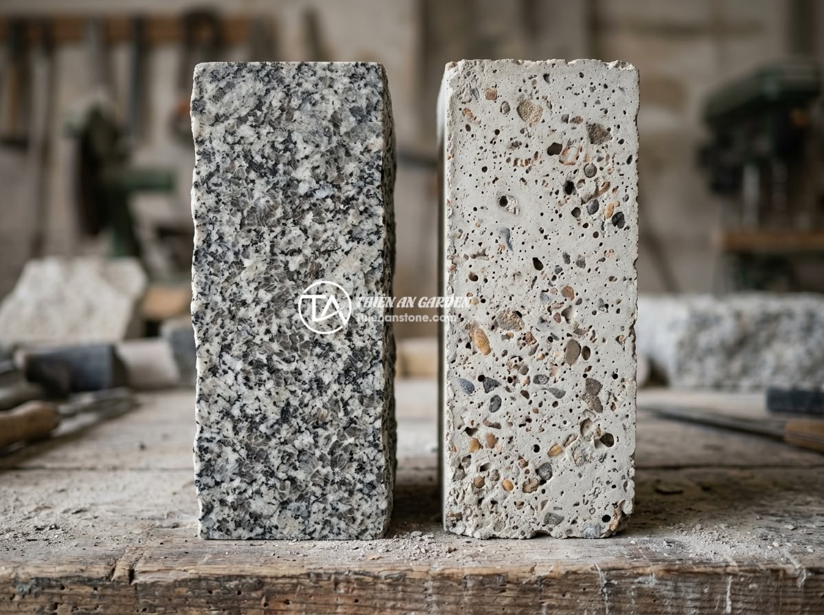 So Sánh Trụ Đá Hàng Rào Với Trụ Bê Tông Đúc Sẵn: Nên Chọn Loại Nào? - Hình 2 So Sánh Trụ Đá Hàng Rào Với Trụ Bê Tông Đúc Sẵn: Nên Chọn Loại Nào? - Close-up cross-section comparison of natural stone pillar texture versus precast
