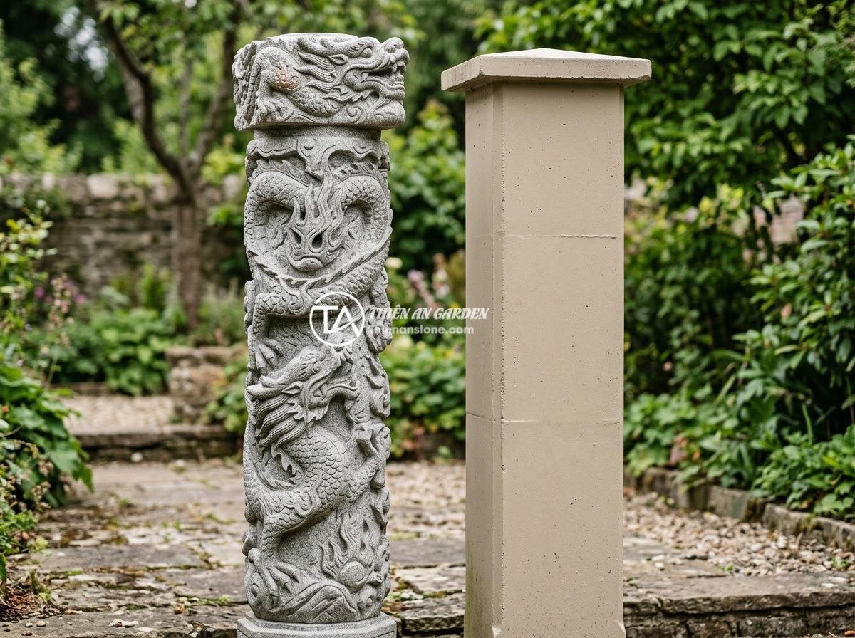 So Sánh Trụ Đá Hàng Rào Với Trụ Bê Tông Đúc Sẵn: Nên Chọn Loại Nào? - Hình 5 So Sánh Trụ Đá Hàng Rào Với Trụ Bê Tông Đúc Sẵn: Nên Chọn Loại Nào? - Side-by-side aesthetic comparison of an elegantly carved natural stone fence pil