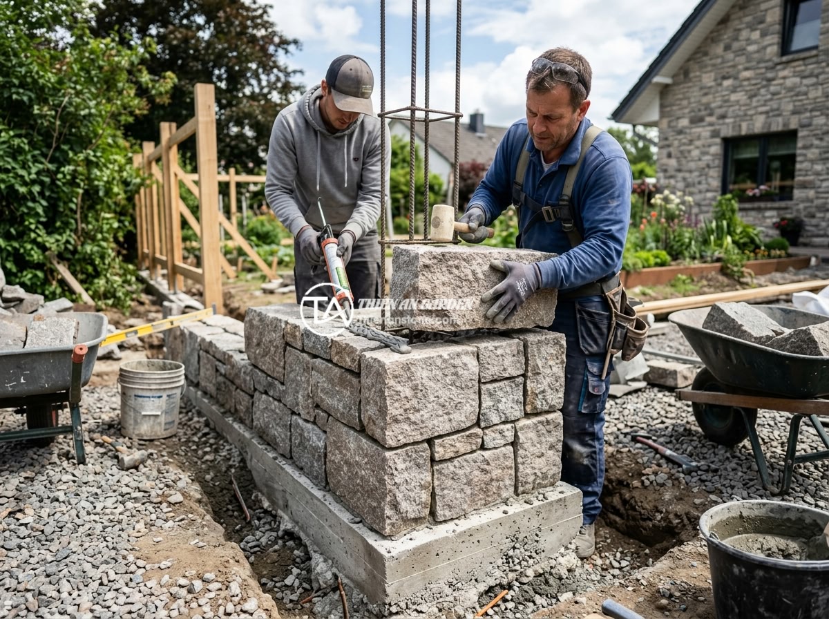 So Sánh Trụ Đá Hàng Rào Với Trụ Bê Tông Đúc Sẵn: Nên Chọn Loại Nào? - Hình 6 So Sánh Trụ Đá Hàng Rào Với Trụ Bê Tông Đúc Sẵn: Nên Chọn Loại Nào? - Construction process of a stone fence pillar showing workers carefully placing a