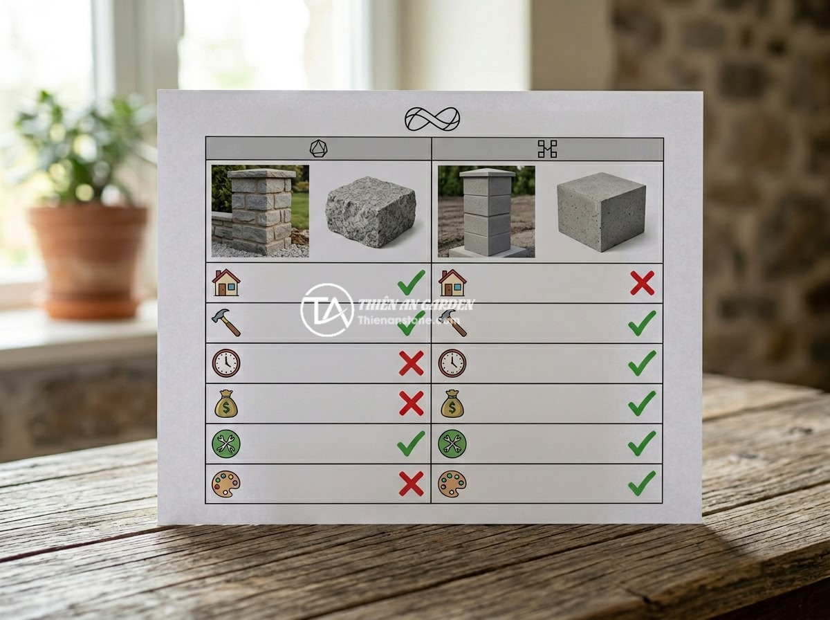 So Sánh Trụ Đá Hàng Rào Với Trụ Bê Tông Đúc Sẵn: Nên Chọn Loại Nào? - Hình 9 So Sánh Trụ Đá Hàng Rào Với Trụ Bê Tông Đúc Sẵn: Nên Chọn Loại Nào? - An organized pros and cons visual comparison chart of natural stone fence pillar