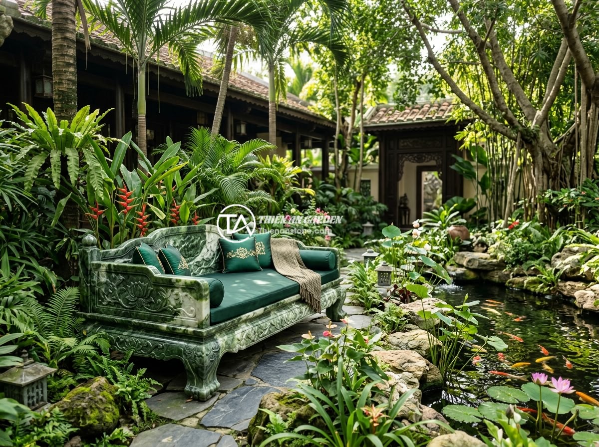 Top 10 Mẫu Sập Đá Đẹp Sang Trọng Nhất 2026 Dành Cho Biệt Thự Resort - A luxurious natural stone daybed (sap da) placed in the garden of a Vietnamese l