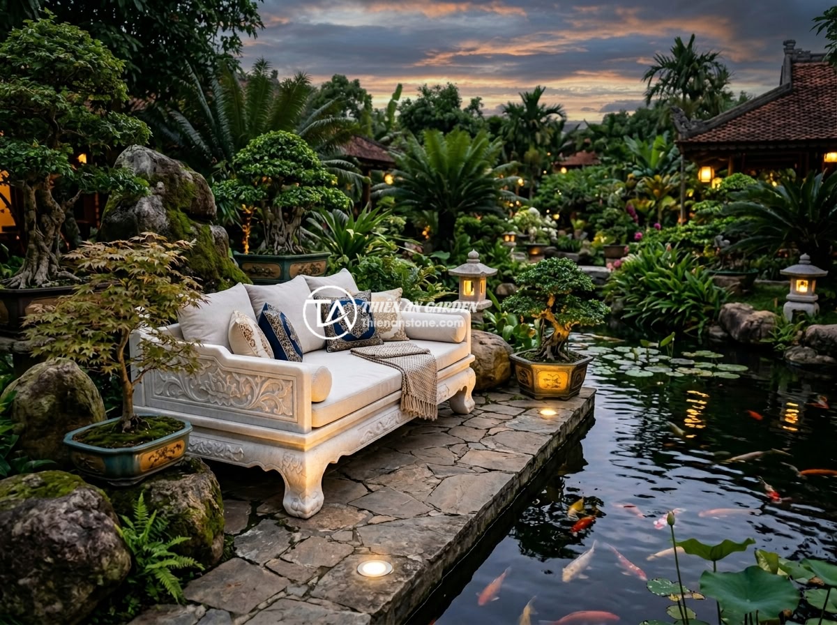Top 10 Mẫu Sập Đá Đẹp Sang Trọng Nhất 2026 Dành Cho Biệt Thự Resort - An outdoor natural stone daybed set beautifully arranged beside a koi pond in a 