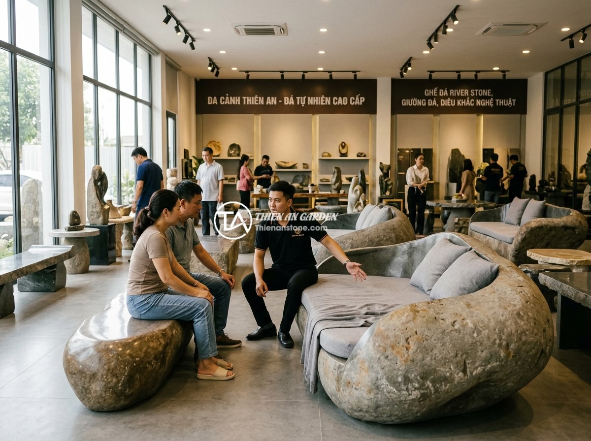 Top 10 Mẫu Sập Đá Đẹp Sang Trọng Nhất 2026 Dành Cho Biệt Thự Resort - A professional showroom of Da Canh Thien An stone company displaying various lux