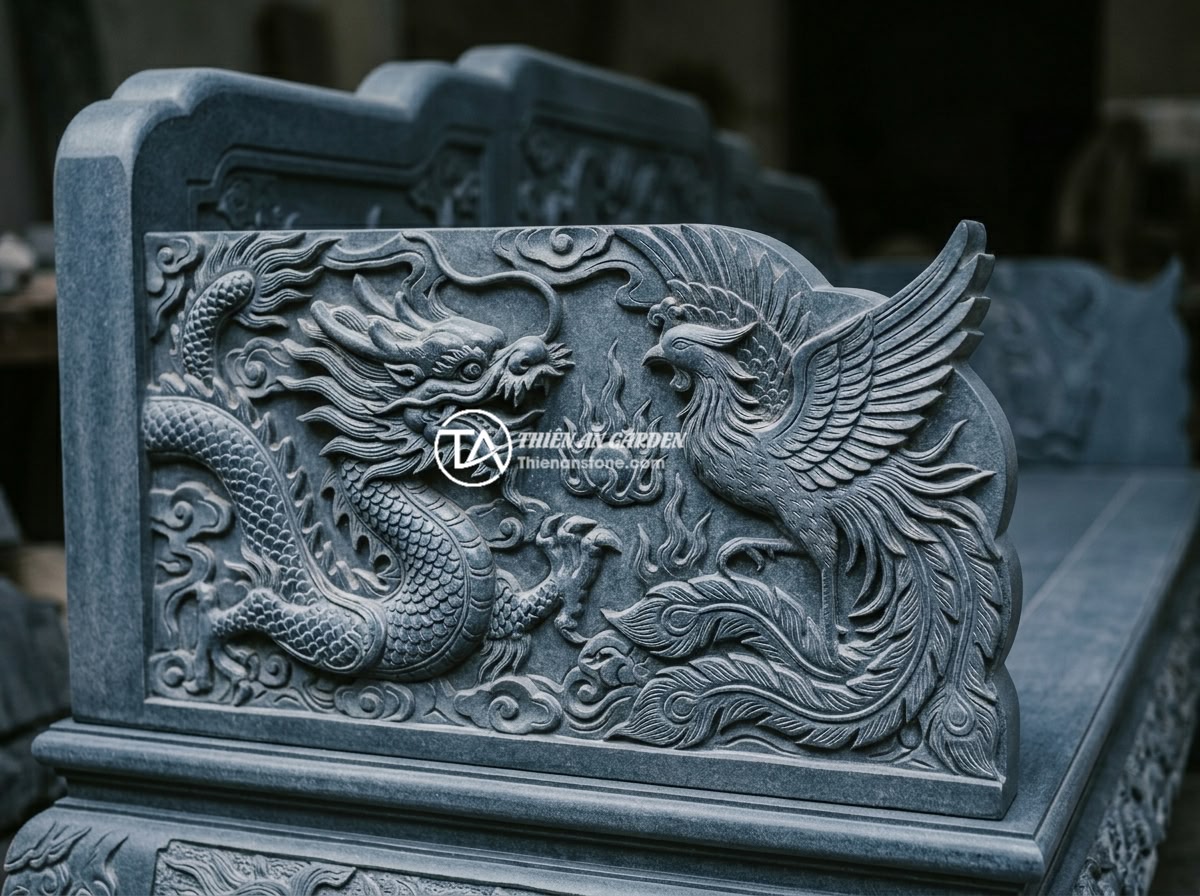 Top 10 Mẫu Sập Đá Đẹp Sang Trọng Nhất 2026 Dành Cho Biệt Thự Resort - Close-up detail of intricate dragon and phoenix carvings on a premium Vietnamese