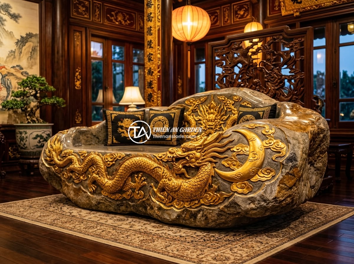 Top 10 Mẫu Sập Đá Đẹp Sang Trọng Nhất 2026 Dành Cho Biệt Thự Resort - A magnificent golden imperial stone daybed with dragon and moon carvings, placed