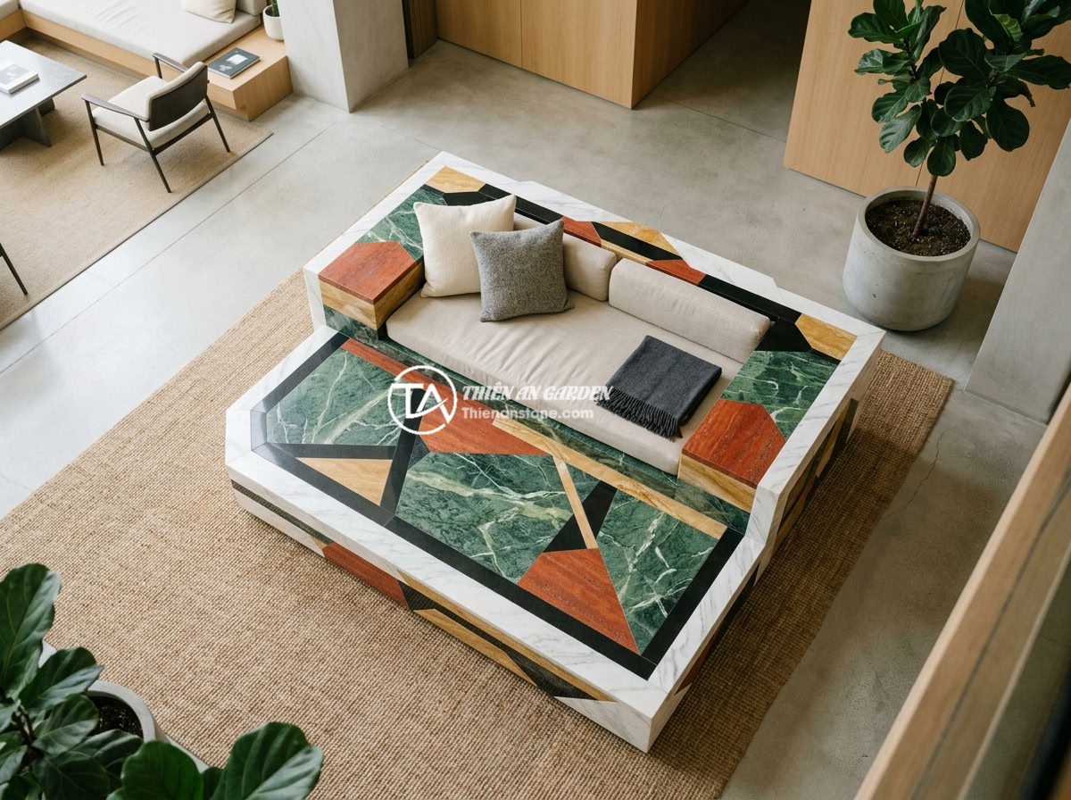 Top 10 Mẫu Sập Đá Đẹp Sang Trọng Nhất 2026 Dành Cho Biệt Thự Resort - Top-down view of a multi-colored five-element natural stone daybed set with cont