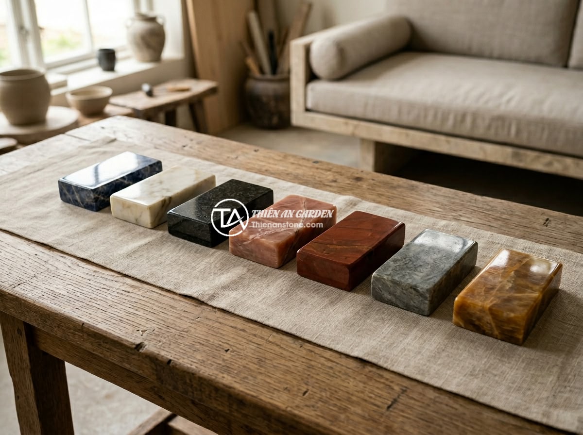 Top 10 Mẫu Sập Đá Đẹp Sang Trọng Nhất 2026 Dành Cho Biệt Thự Resort - An elegant comparison display of different types of natural stone materials used